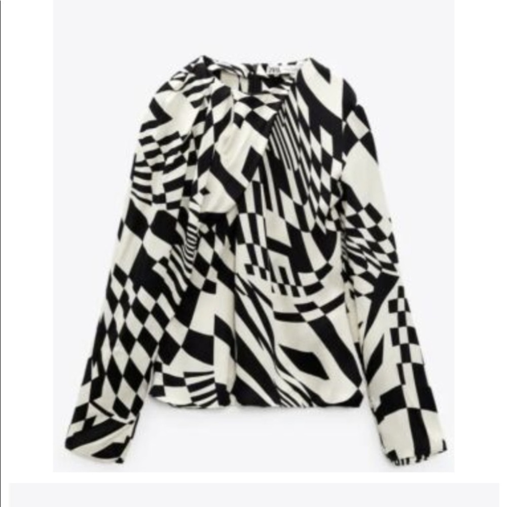 Zara Black and Ecru Draped Abstract Retro Domino Top Satin Material